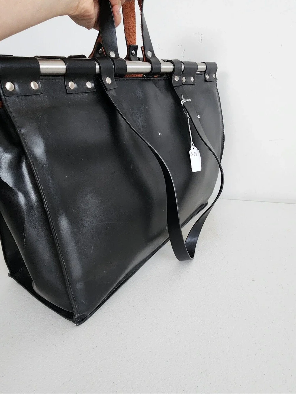 Zara Terez Black Leather Tote with Metal Bar and Dual Handles